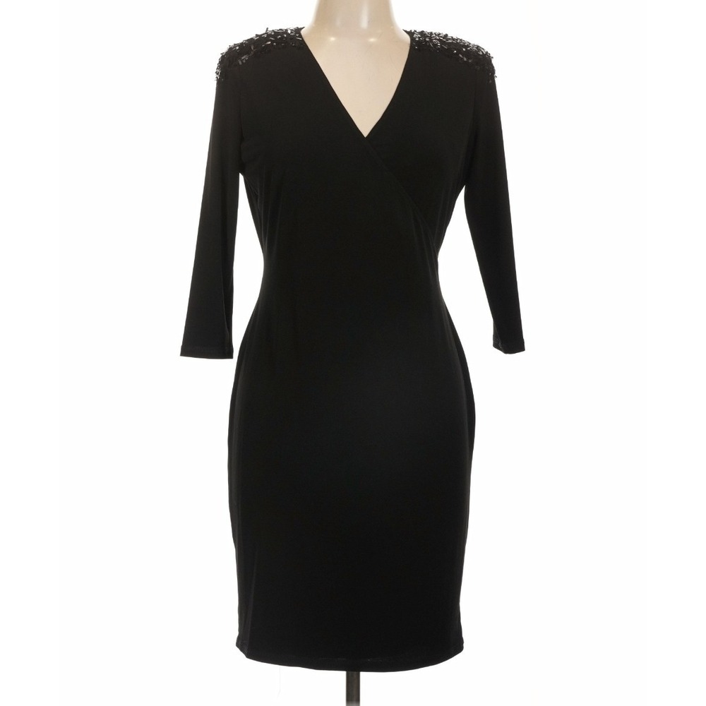 Calvin Klein Ruched V-Neck Sequin Shoulder Dress Womens 14 Black Cocktail